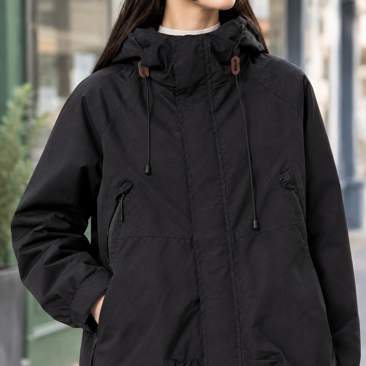 Utility Jacket Polyester Hooded Relaxed with Concealed Zip and Pockets