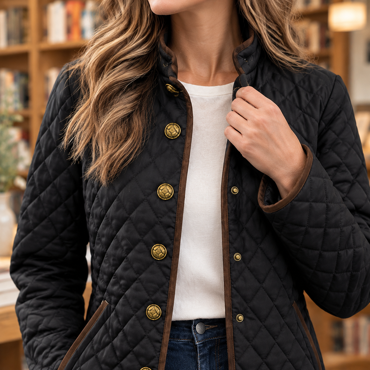 Quilted Jacket Polyester Diamond Quilting with Contrast Trim