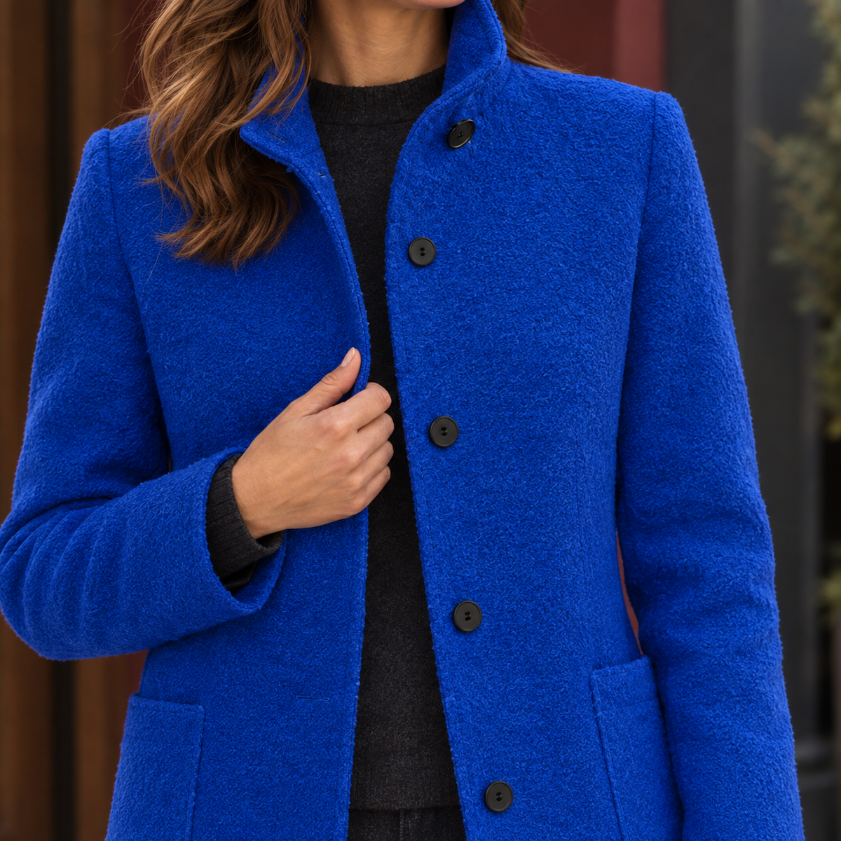 Coat Wool Blend Stand Collar with Four-Button Front
