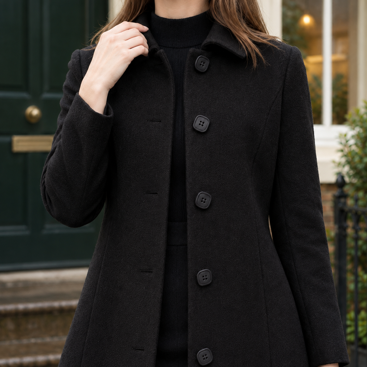 Coat Polyester A-Line Mid-Length with Lapel Collar and Single Breast