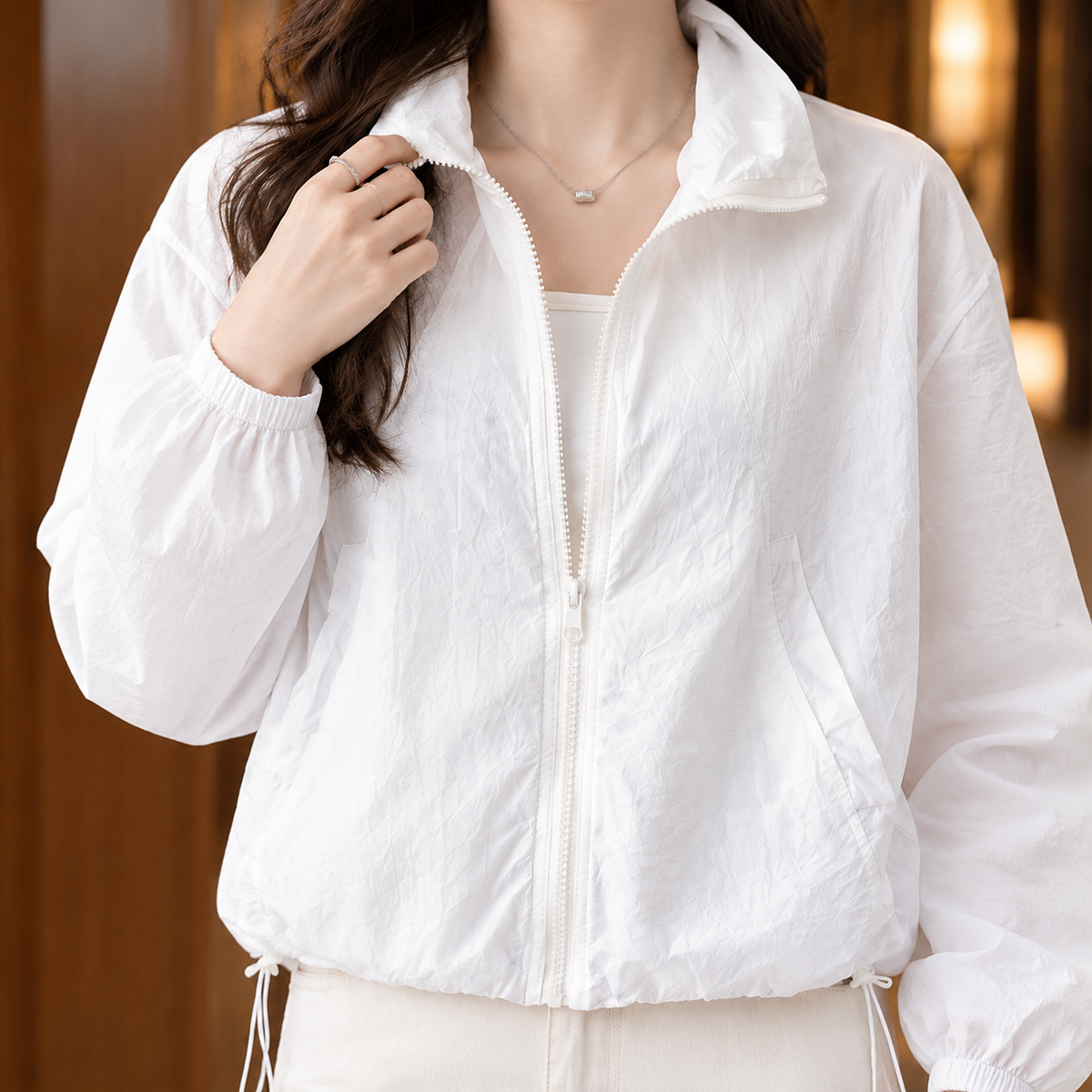 Zip-Up Jacket Polyester Cropped with Stand Collar and Drawcord Hem