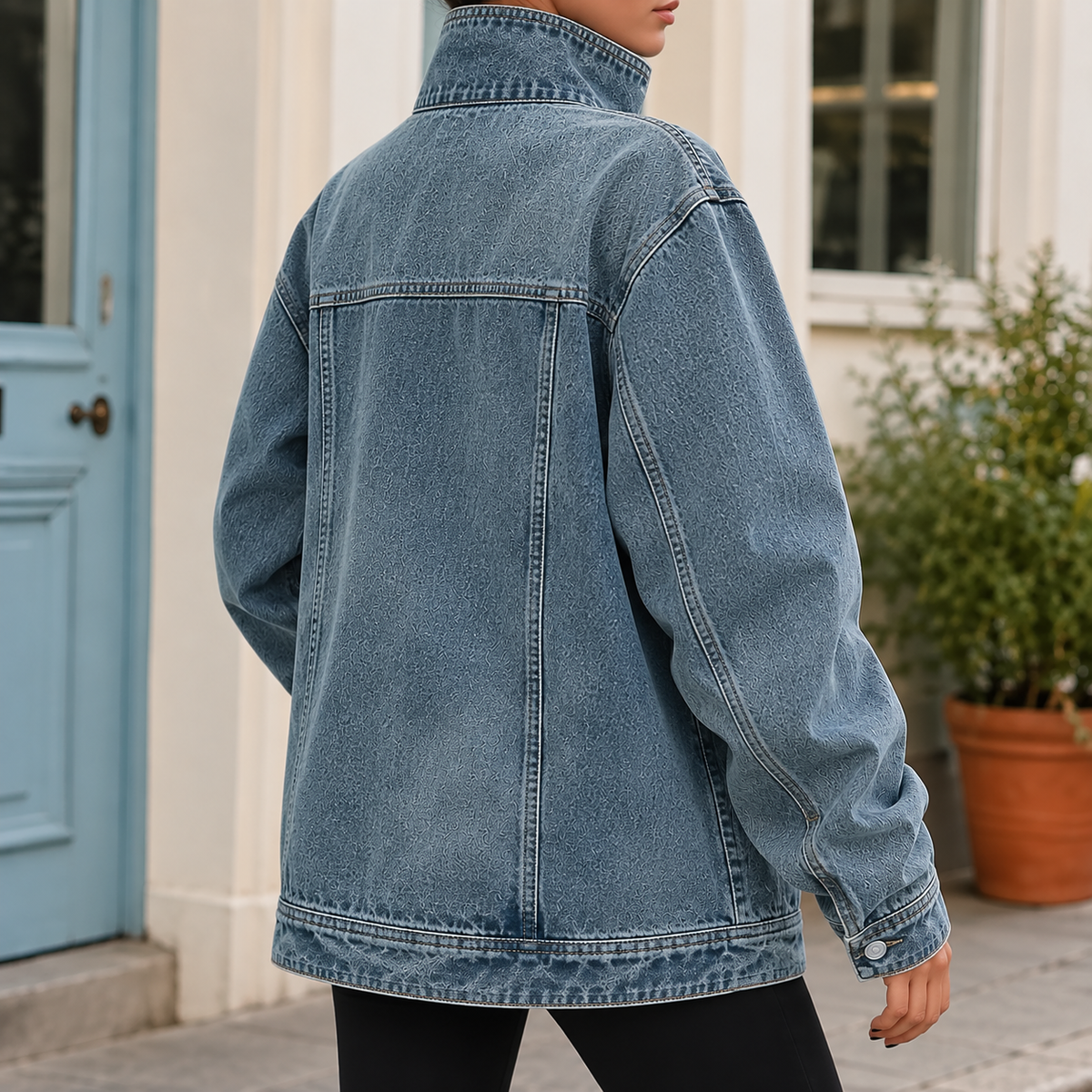Denim Jacket Washed Oversized with Funnel Collar, Offset Buttons