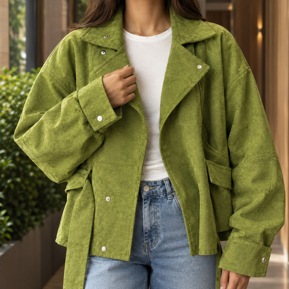 Moto Jacket Polyester Cropped with Offset Snaps and Self-Tie Belt