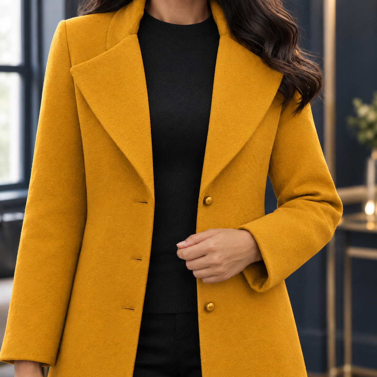 Coat Wool Blend Tailored Slim Mid-Length with Broad Notched Lapels