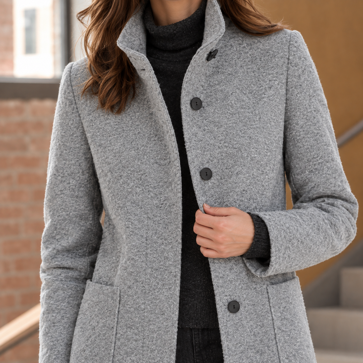 Coat Polyester Mid-Length with Raised Stand Collar and Patch Pockets