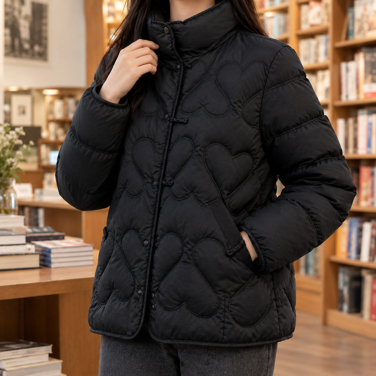 Quilted Jacket Duck Down Filled with Heart Quilting and Stand Collar