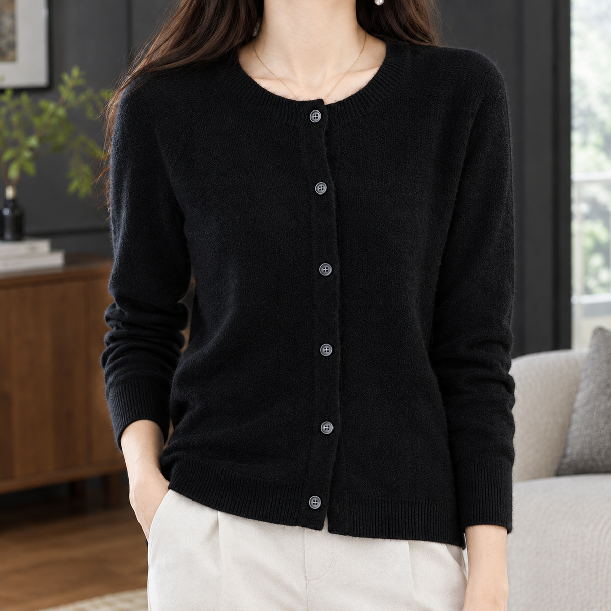 Relaxed Round Neck Button Cardigan