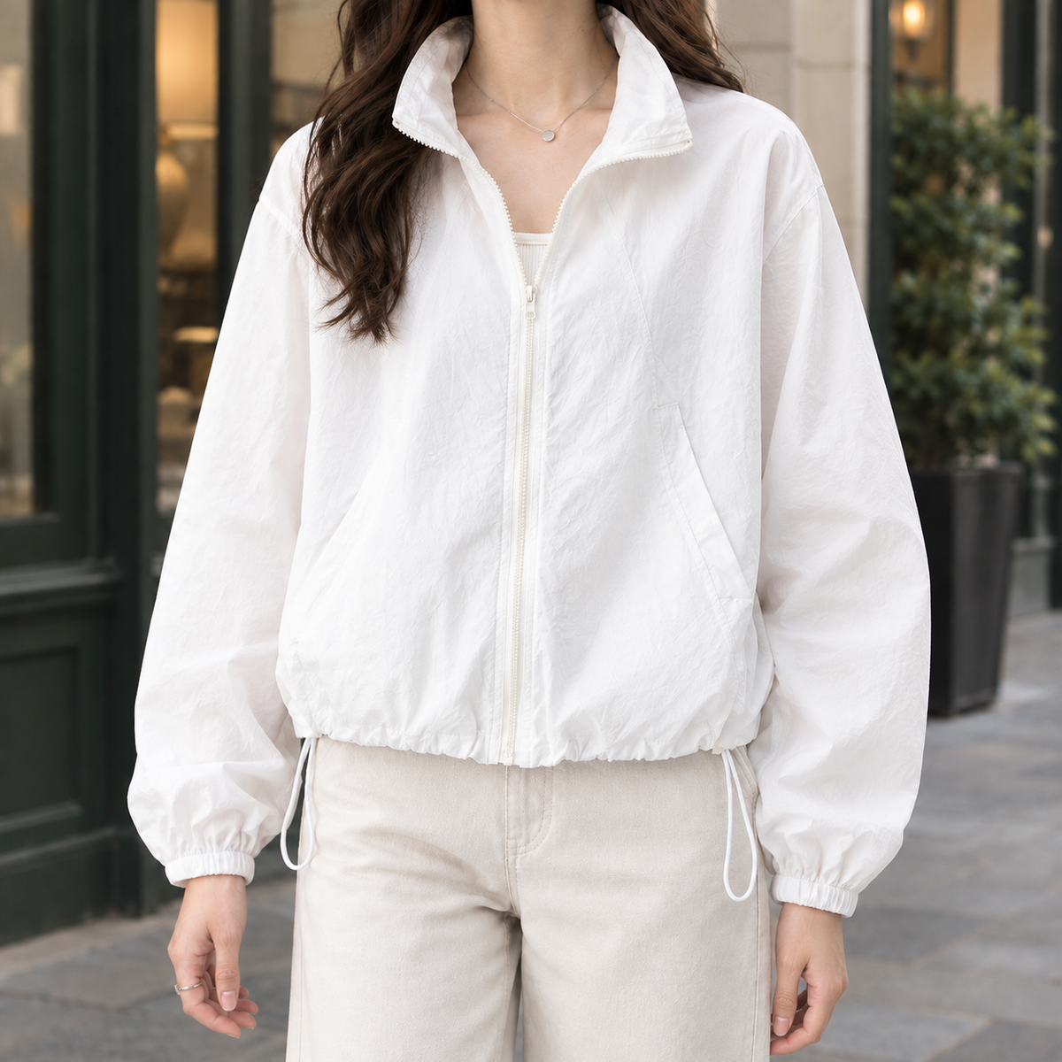 Zip Jacket Polyester Relaxed Short with Drawcord Hem