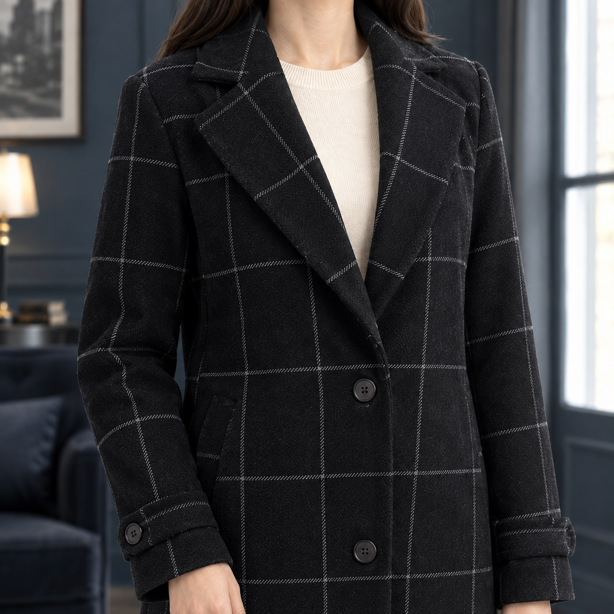 Coat Polyester Windowpane Mid-Length with Notched Lapels