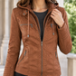 Hooded Jacket Faux Leather Fitted with Layered Zip and Four Pockets