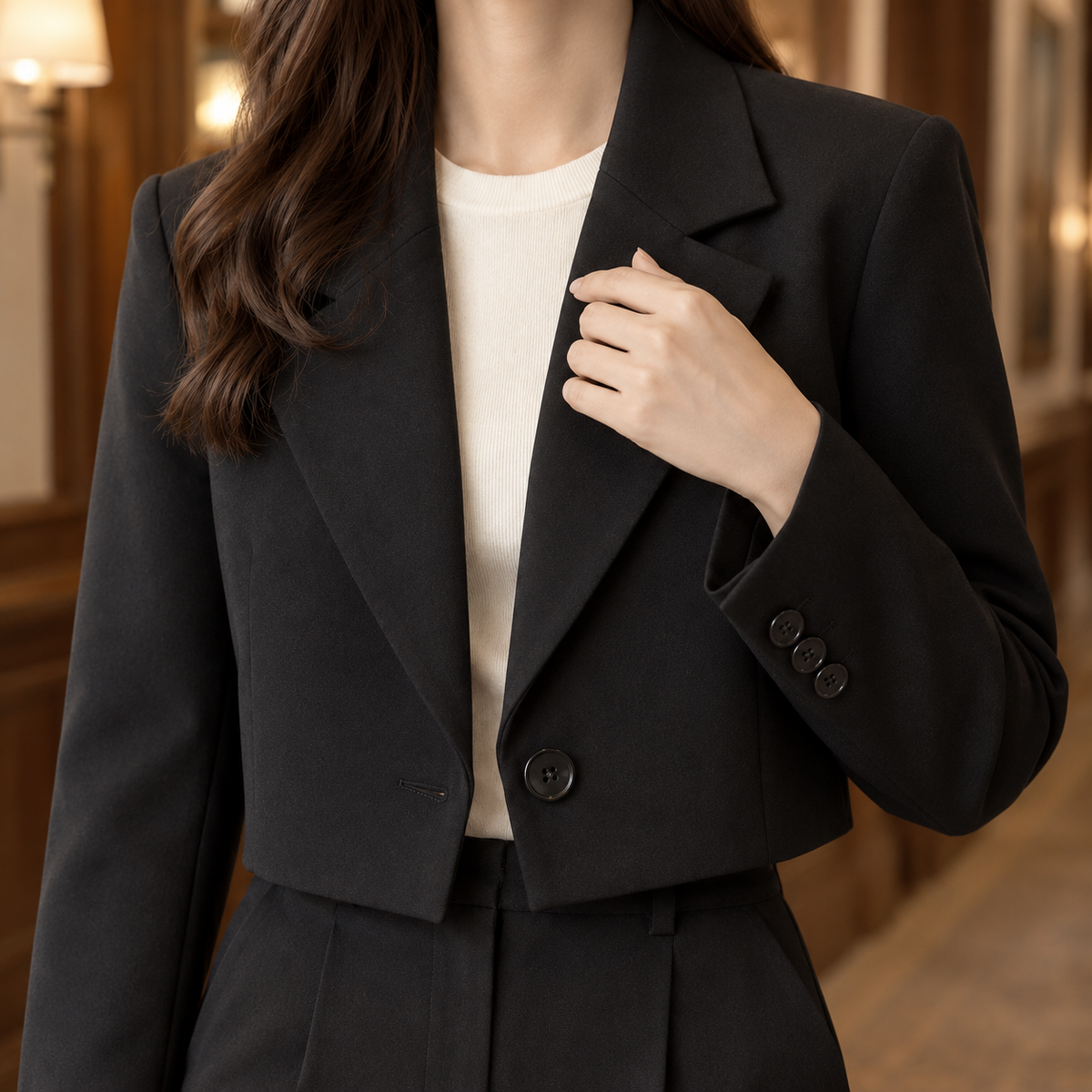 Blazer Polyester Cropped Tailored with Broad Notched Lapels