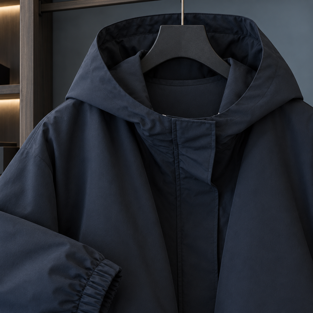 Cocoon Jacket Polyester Hooded with Bubble Hem and Concealed Zip