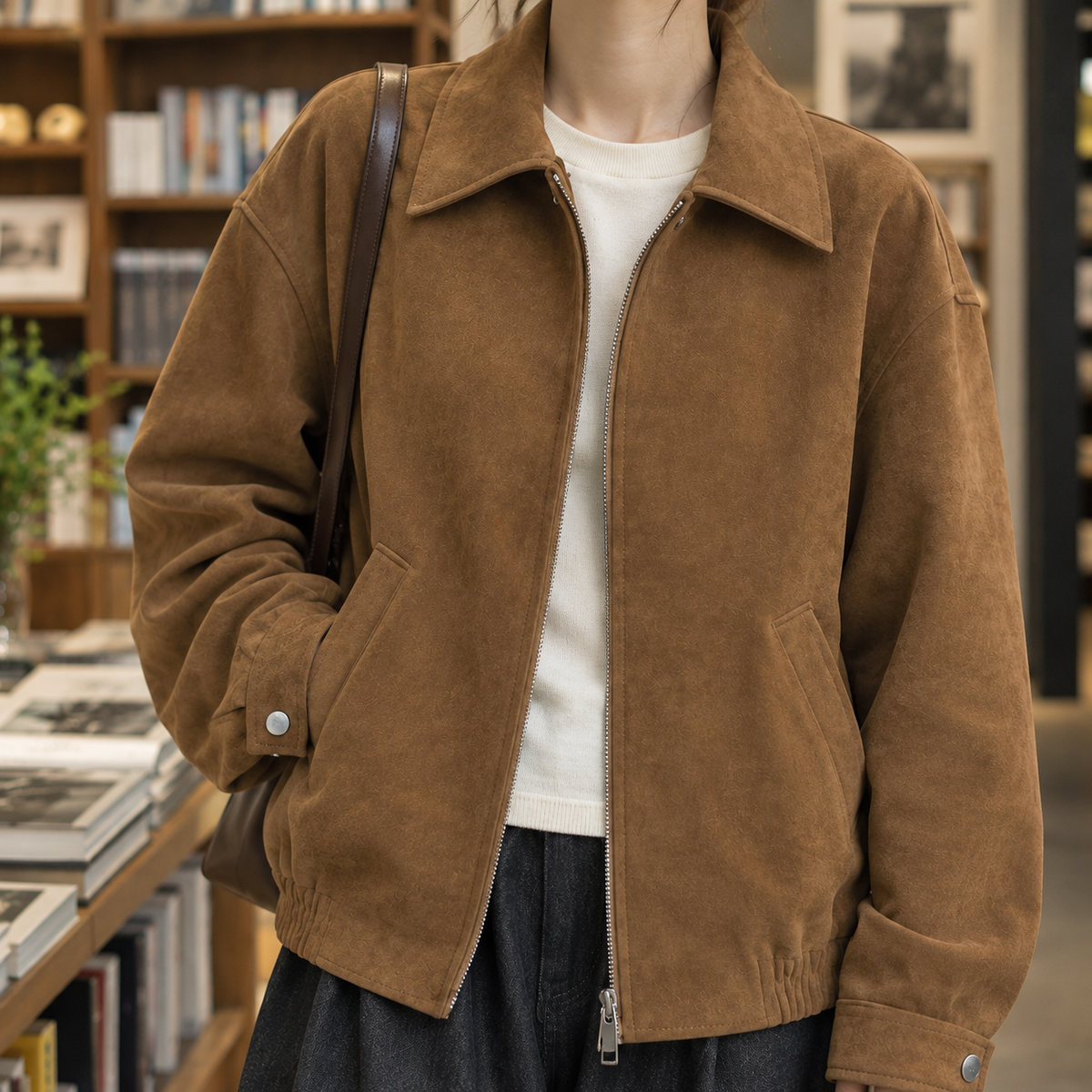 Jacket Faux Suede Hip-Length with Lapel Collar and Zip Front