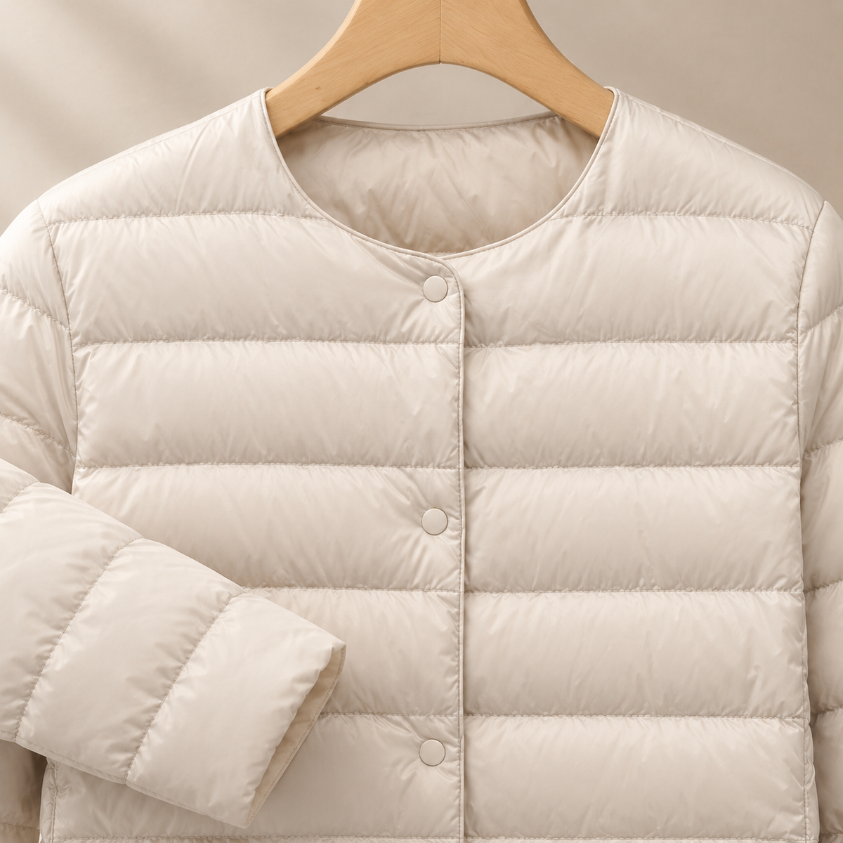 Quilted Jacket Lightweight Down Slim with Round Neck and Welt Pockets