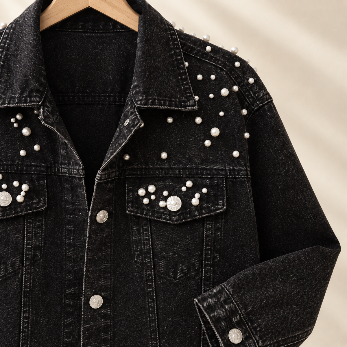 Denim Jacket Cropped with Pearl Beading and Flap Chest Pockets