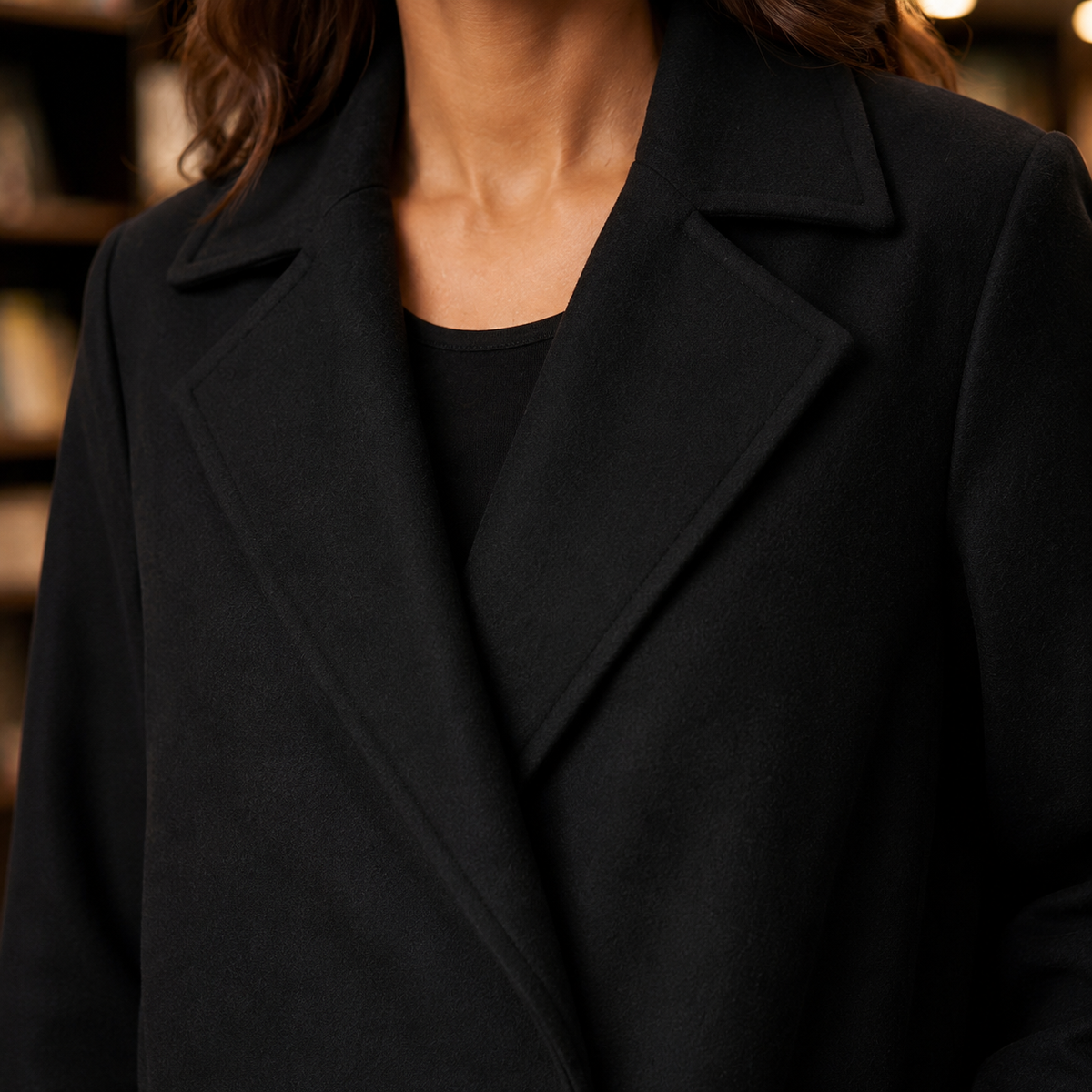 Overcoat Polyester Tailored Calf-Length with Wide Lapels, Open Front