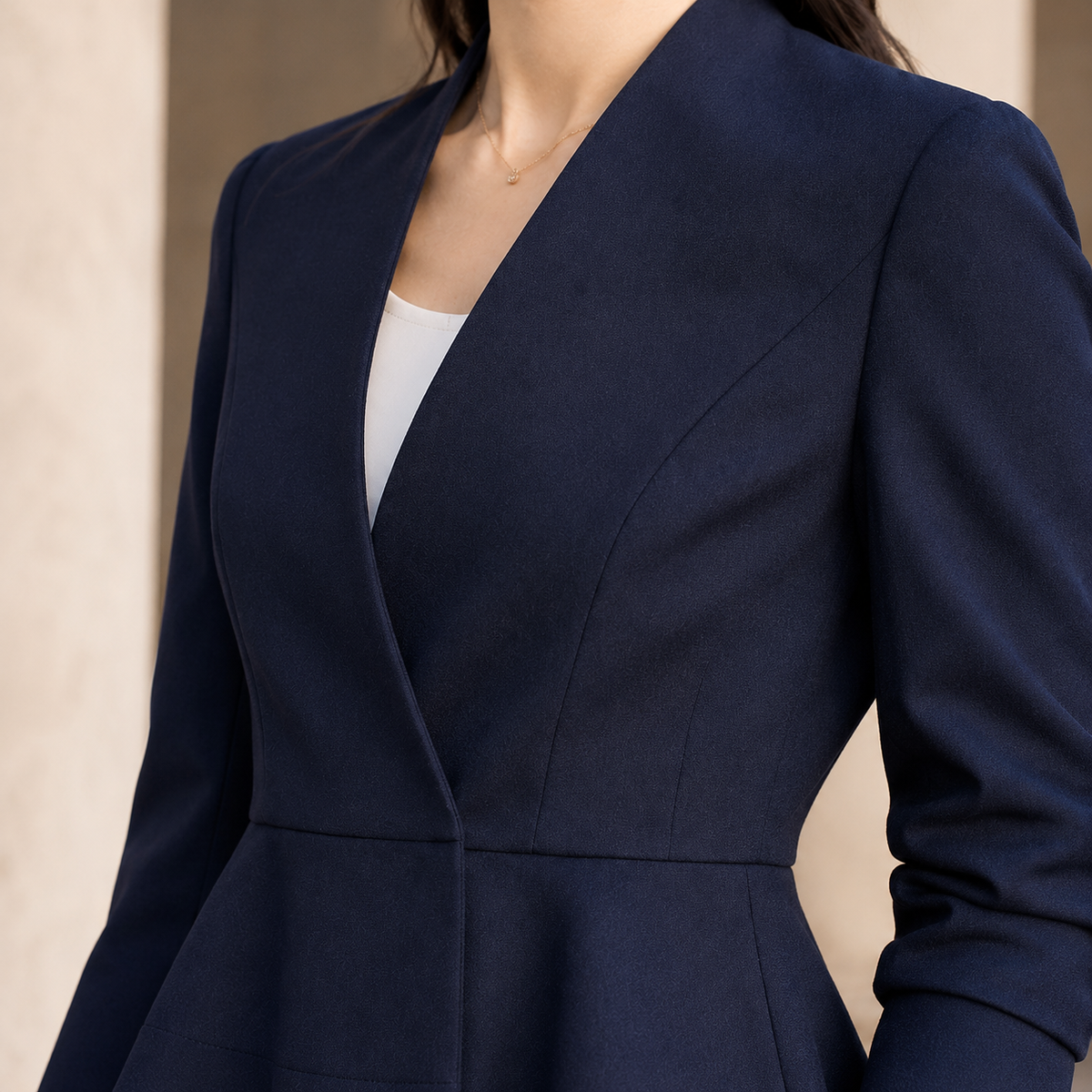 Peplum Blazer Polyester Fitted with Wrap-Effect Front and V Neckline