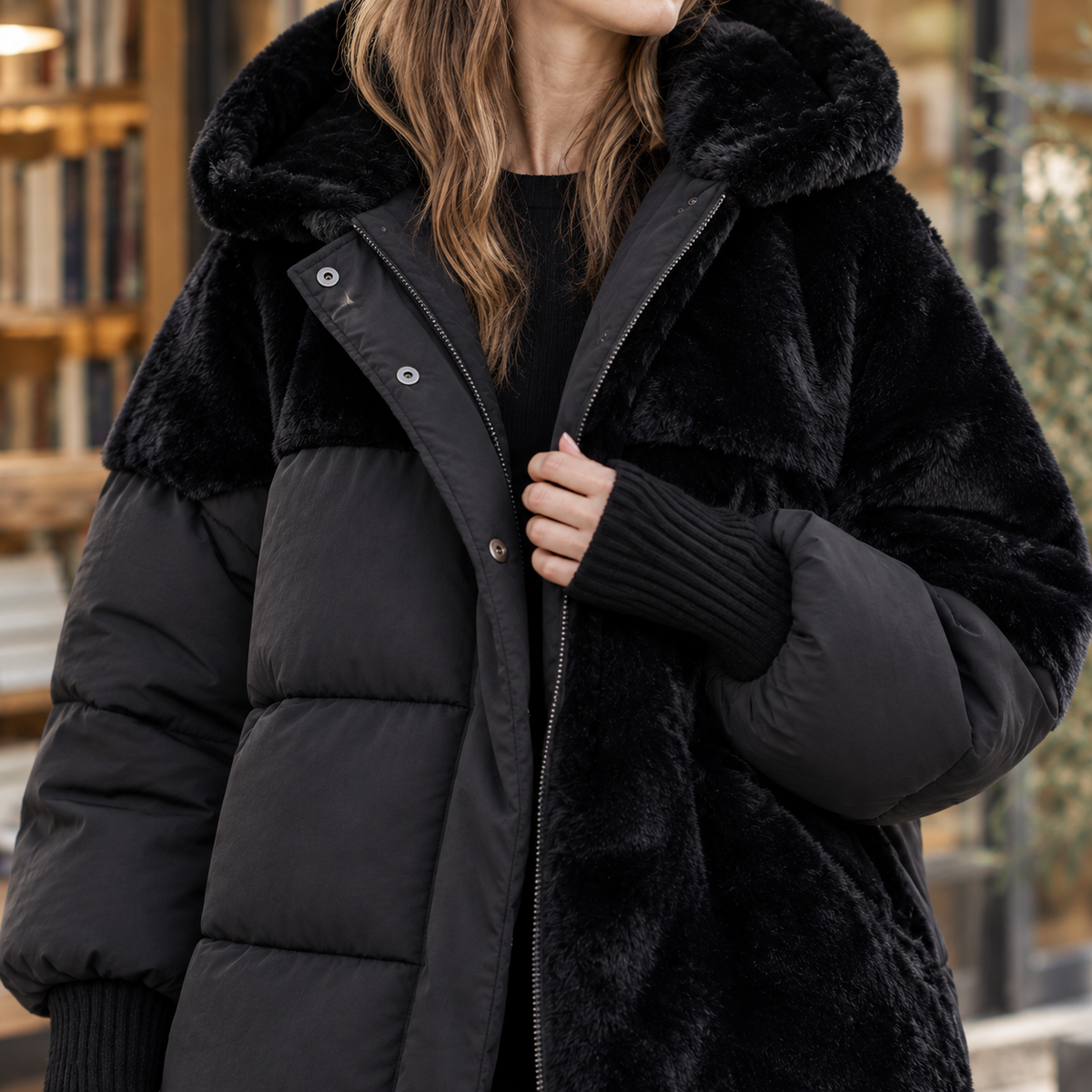 Panelled Jacket Cotton Blend with Plush and Quilted Panels and Hood