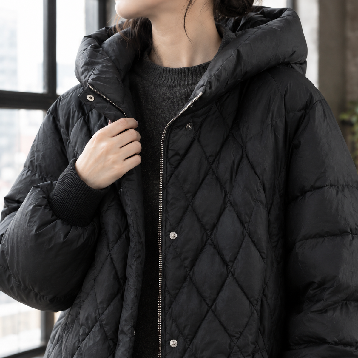 Quilted Jacket White Duck Down Oversized with Generous Hood and Zip