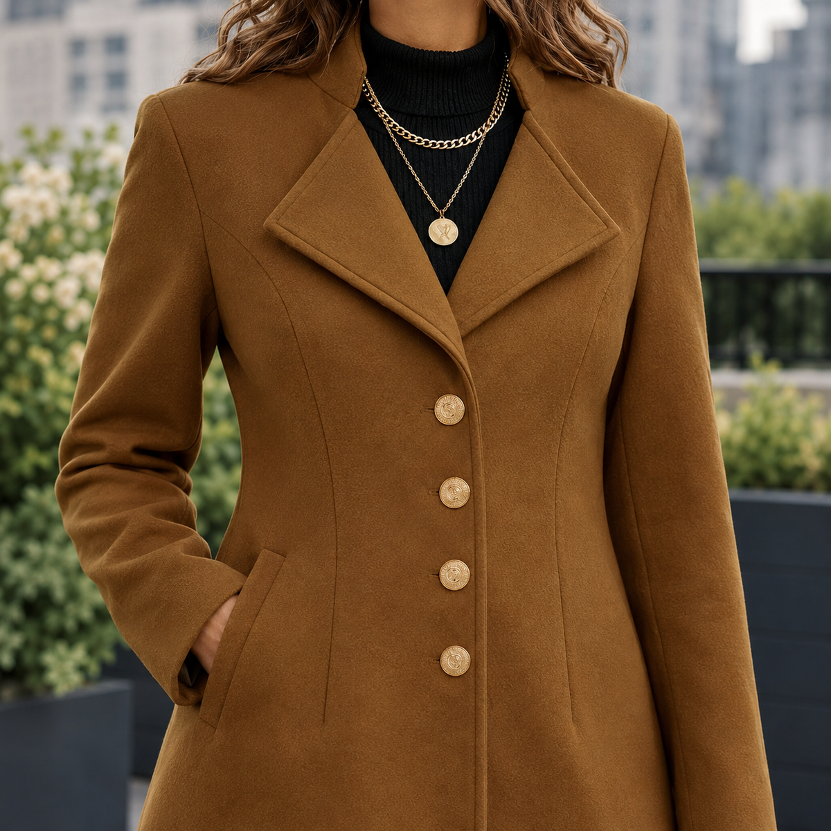 Coat Wool Mid-Length with Wide Notched Collar and Gold-Tone Buttons