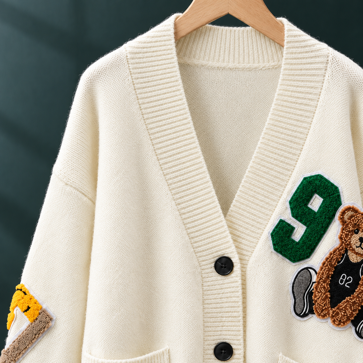 Bear Motif Cardigan with Dropped Shoulders