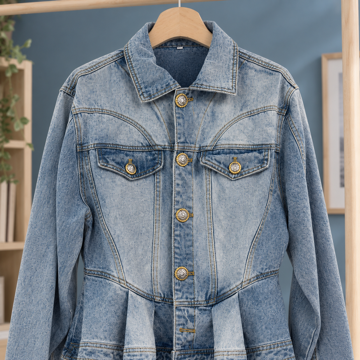 Denim Jacket Peplum Cropped with Pleated Hem and Flap Pockets