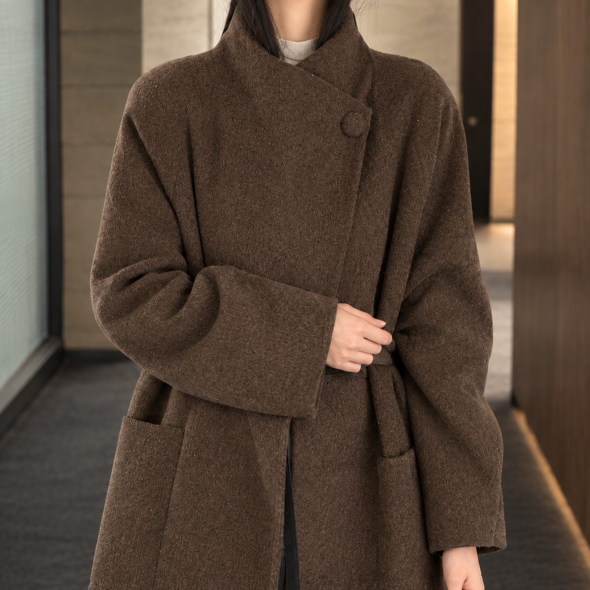 Coat Wool-Rich Blend Asymmetric Wrap Front with Stand Collar