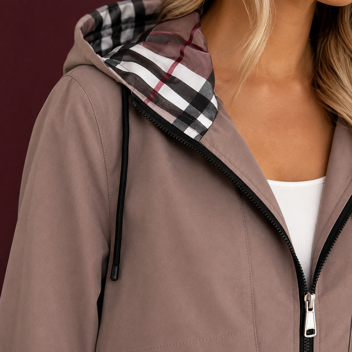 Hooded Coat Polyester with Zip Front and Plaid-Lined Hood