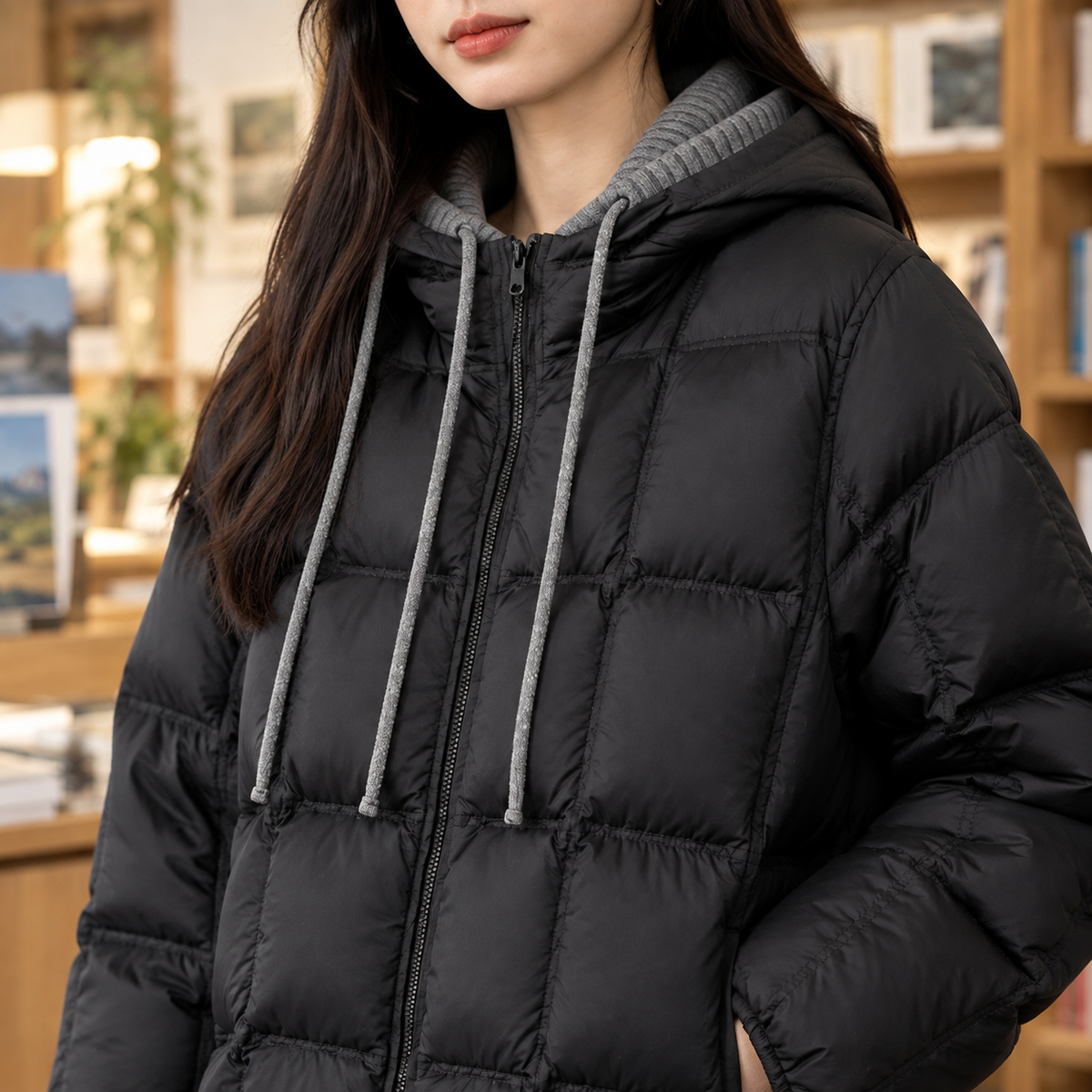 Quilted Jacket Duck Down Boxy with Hood and Adjustable Drawcord Hem