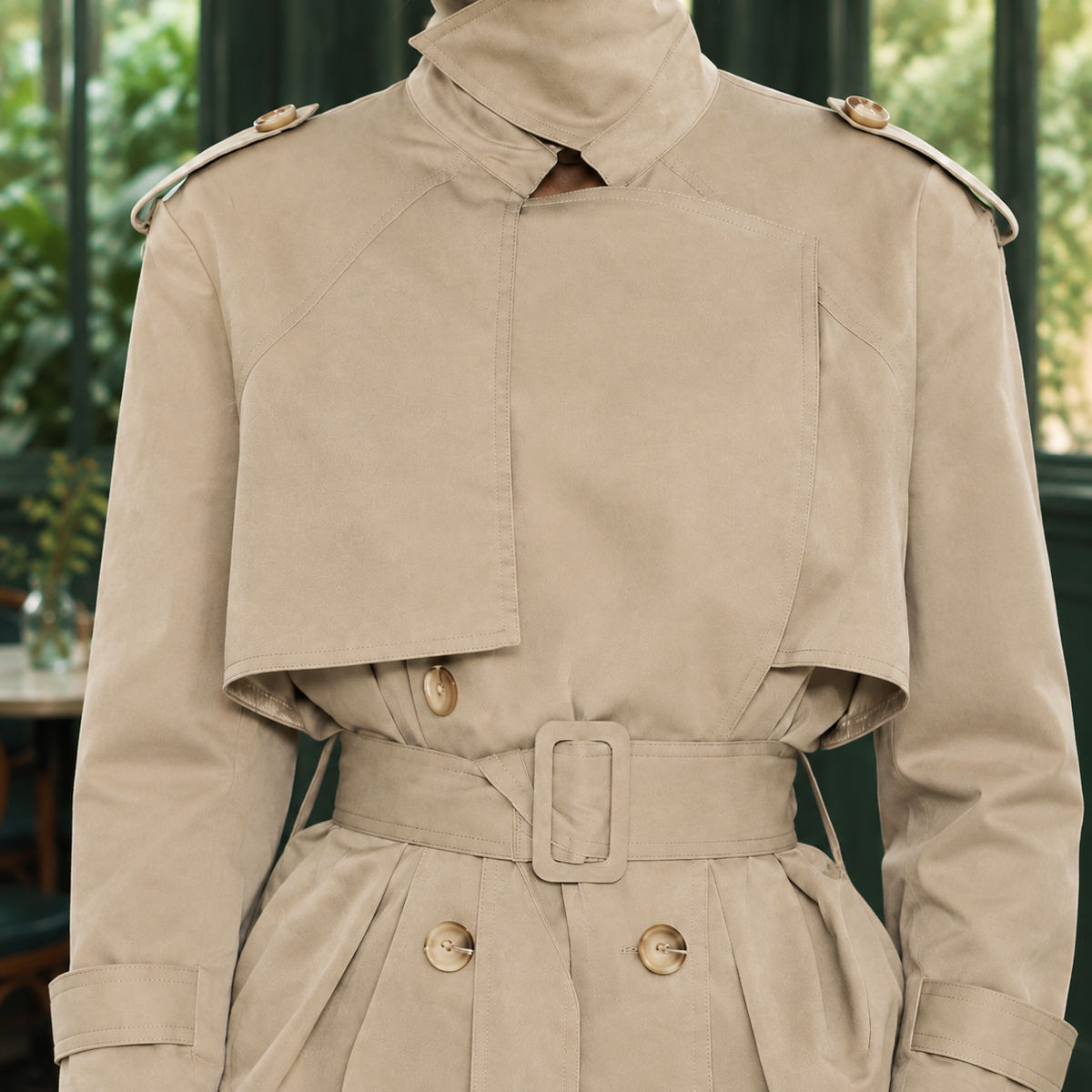 Belted Jacket Polyester Short with Layered Storm Flaps and Wrap Collar