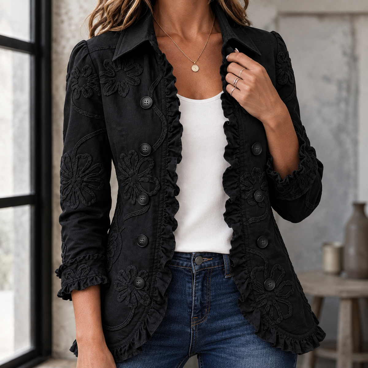 Embroidered Jacket Polyester Floral Appliqué with Ruffled Edges