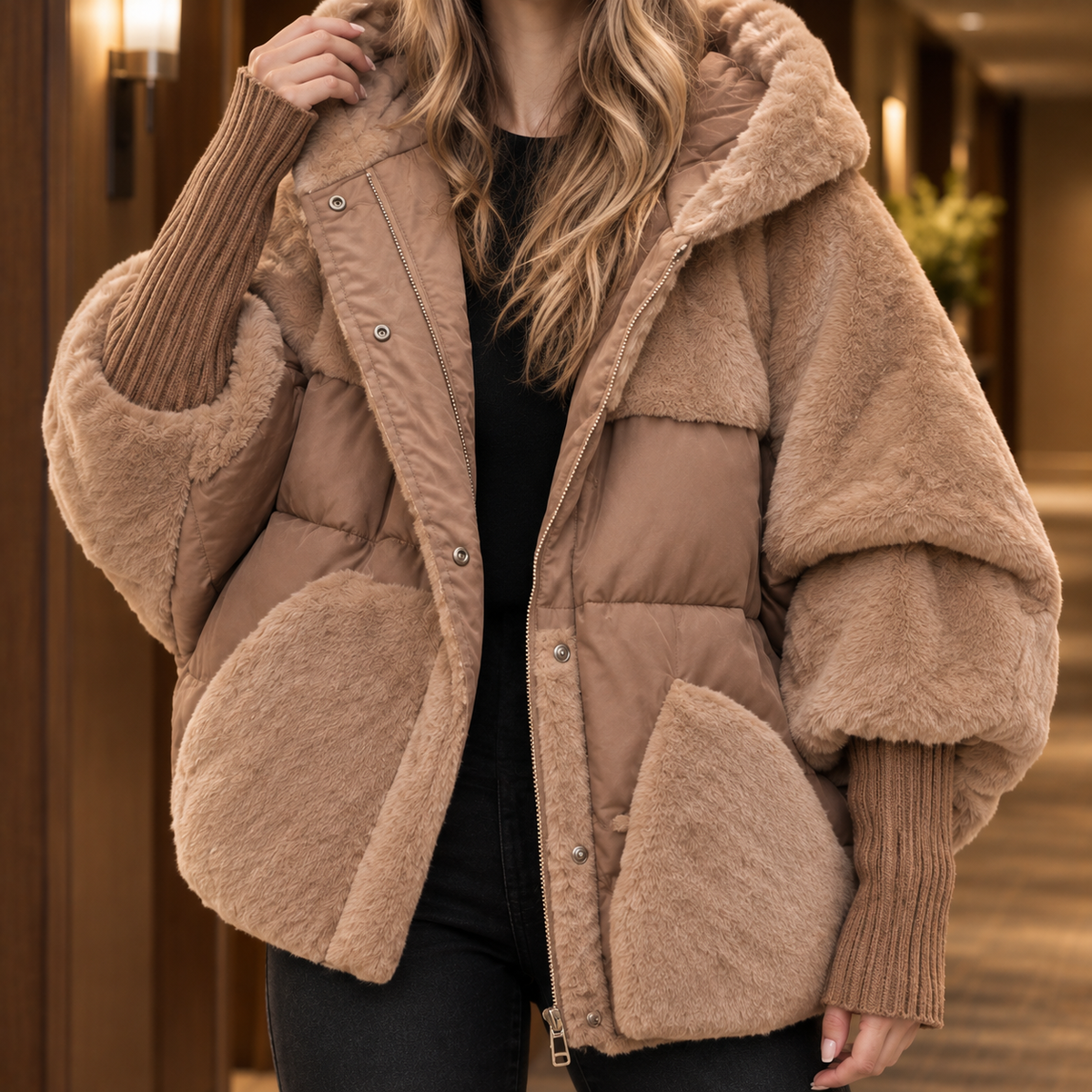 Hooded Jacket Cotton Blend Oversized with Plush and Quilted Panels