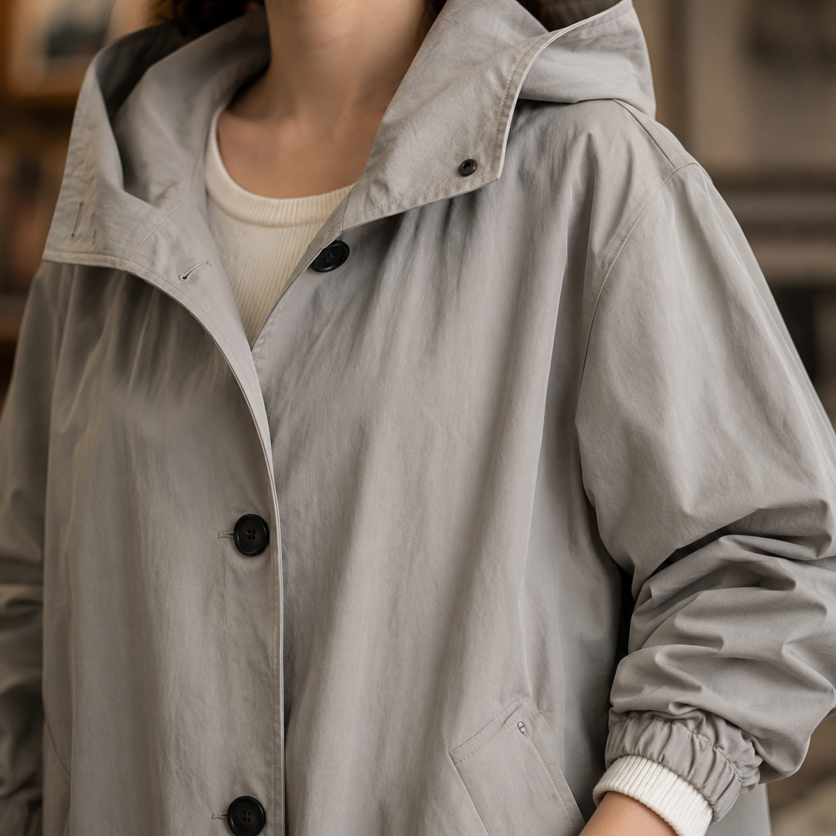 Hooded Coat Polyester Longline with Button Front and Side Pockets