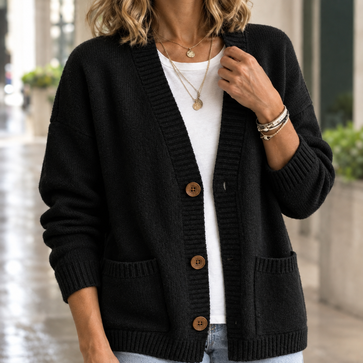Ribbed V-Neck Cardigan with Dropped Shoulders