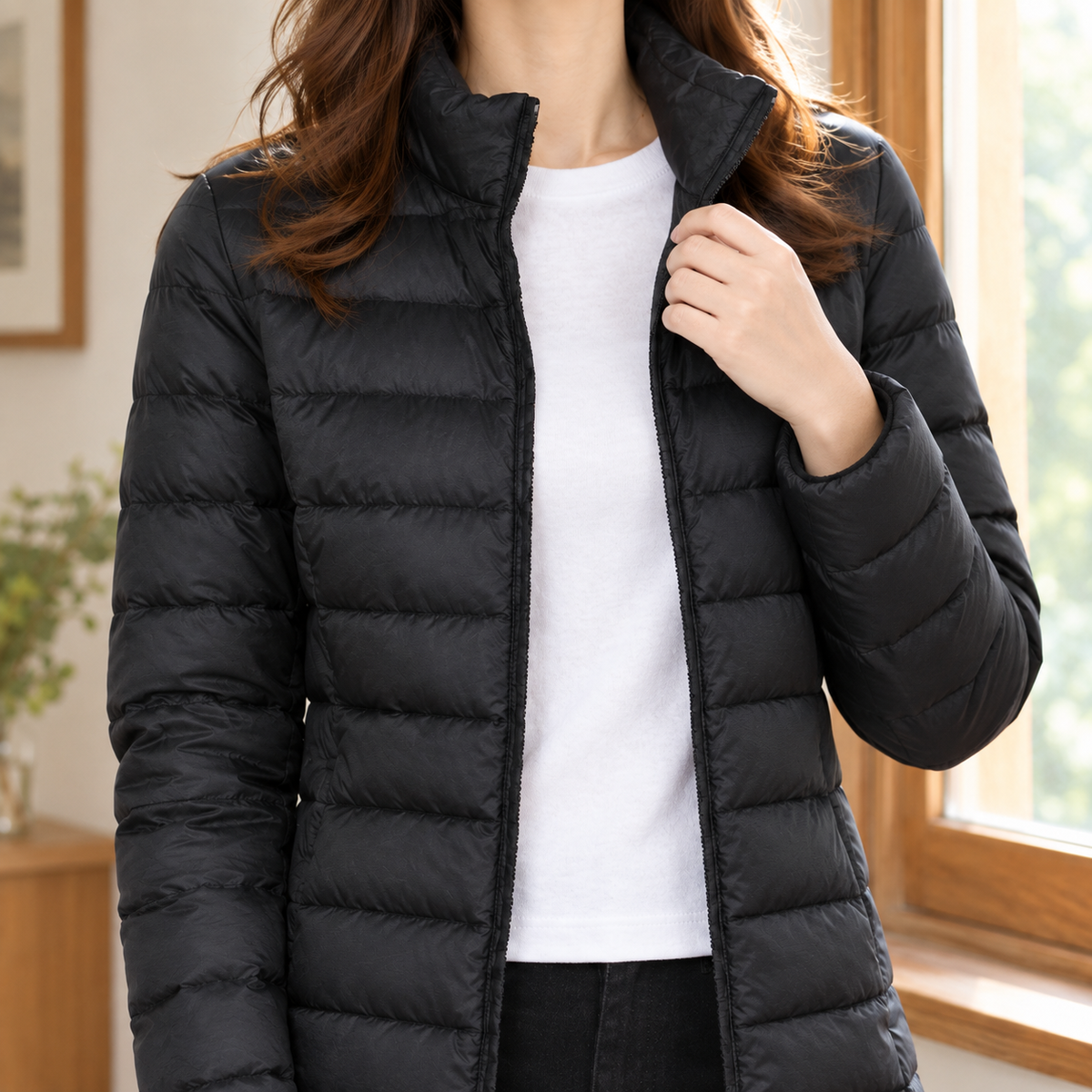 Quilted Jacket Polyester Lightweight with Stand Collar and Full Zip