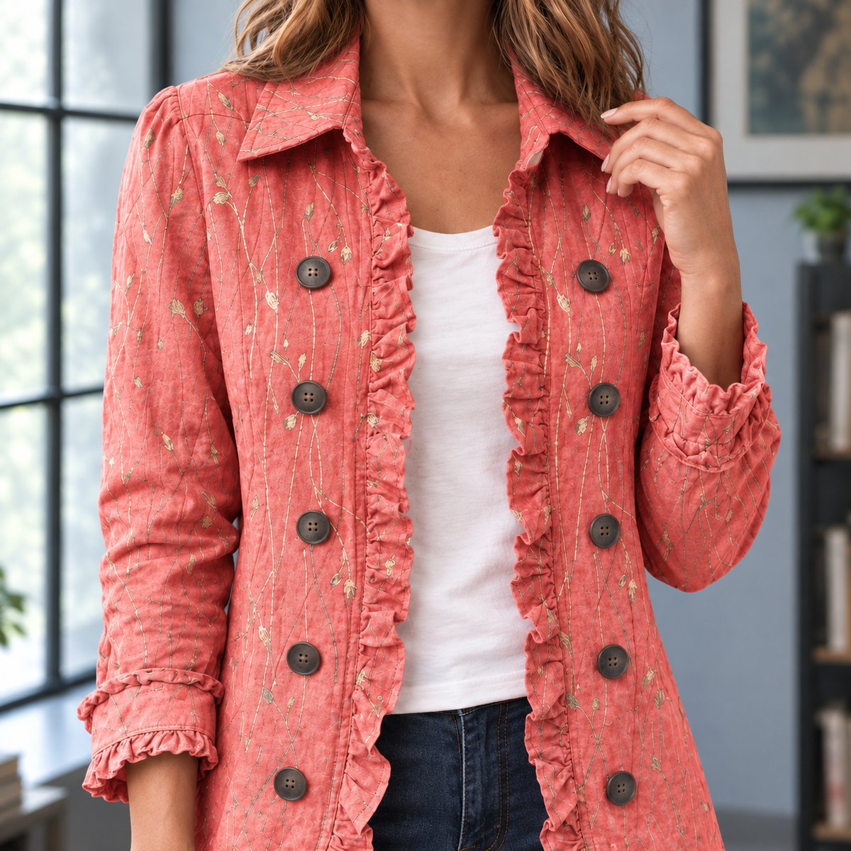 Ruffle Jacket Polyester Hip-Length with Turn-Down Collar