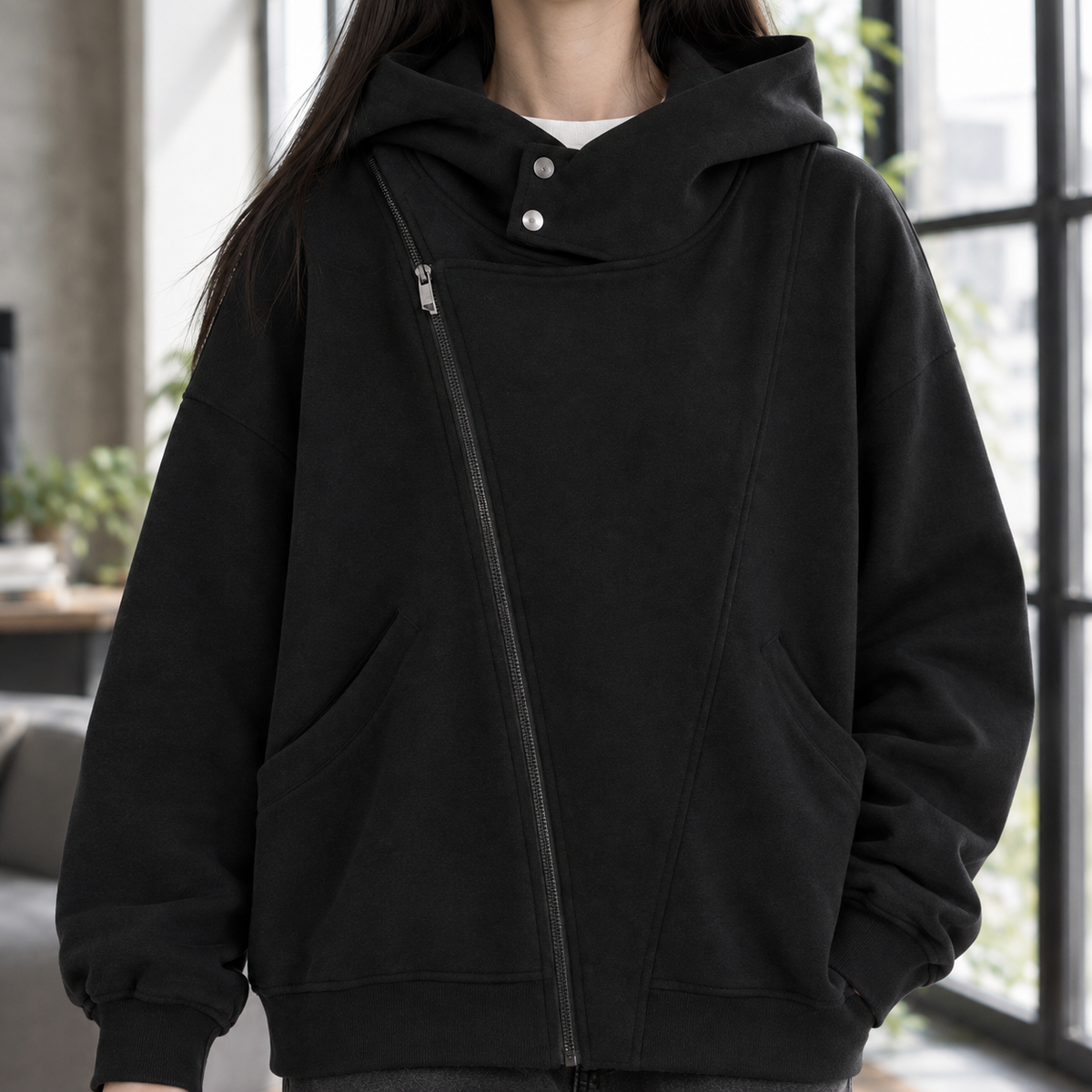 Asymmetric Zip Hoodie with High Snap Collar
