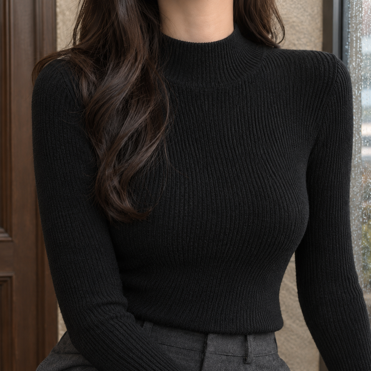 Fine Vertical Rib Close-Fitting Jumper