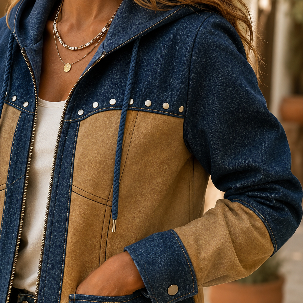 Patchwork Jacket Polyester Two-Tone Paneled with Drawstring Hood