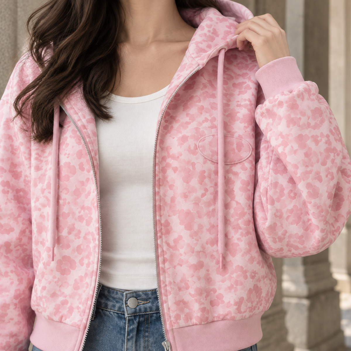 Zip Jacket Polyester Leopard Print Cropped with Drawcord Hood