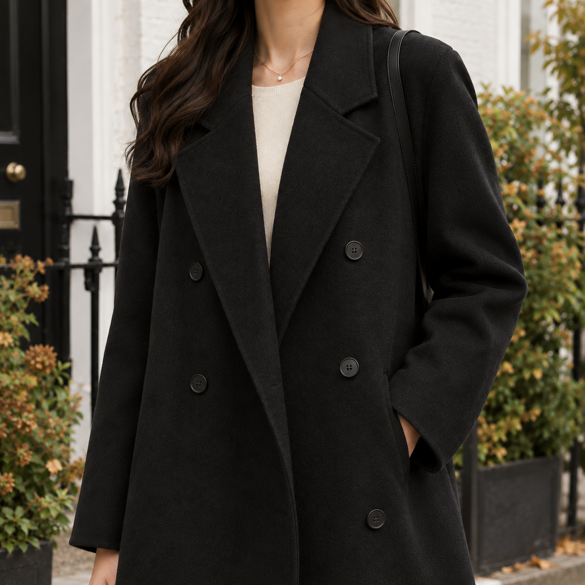 Coat Polyester Double-Breasted Relaxed Longline with Wide Lapels