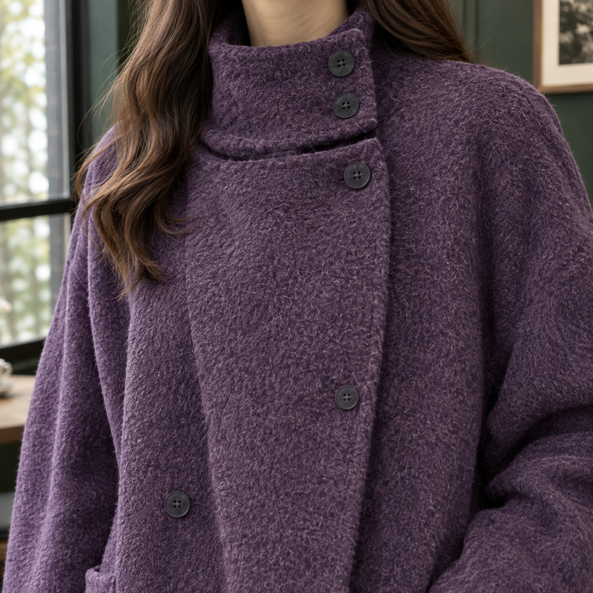 Coat Wool Blend Cashmere-Feel Longline with Asymmetric Stand Collar