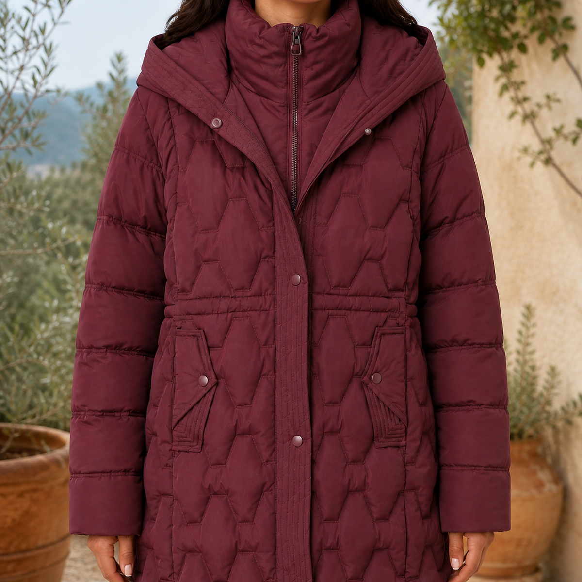 Puffer Jacket Polyester Longline with Geometric Quilting and Hood