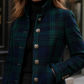Coat Wool Blend Tartan Longline with Stand Collar and Button Front