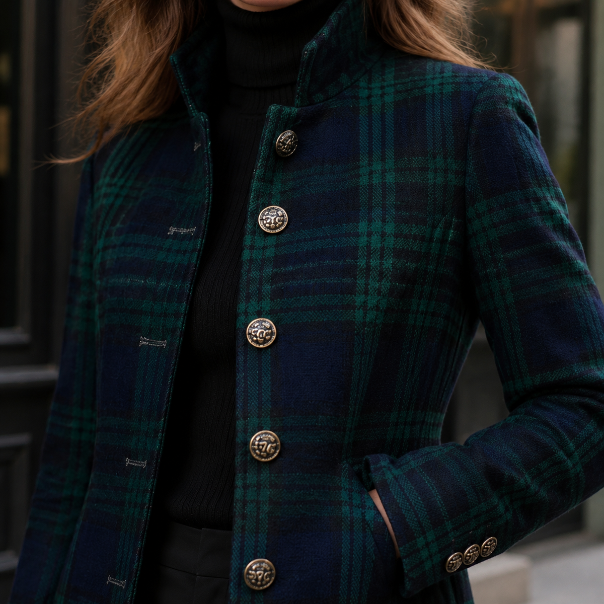 Coat Wool Blend Tartan Longline with Stand Collar and Button Front
