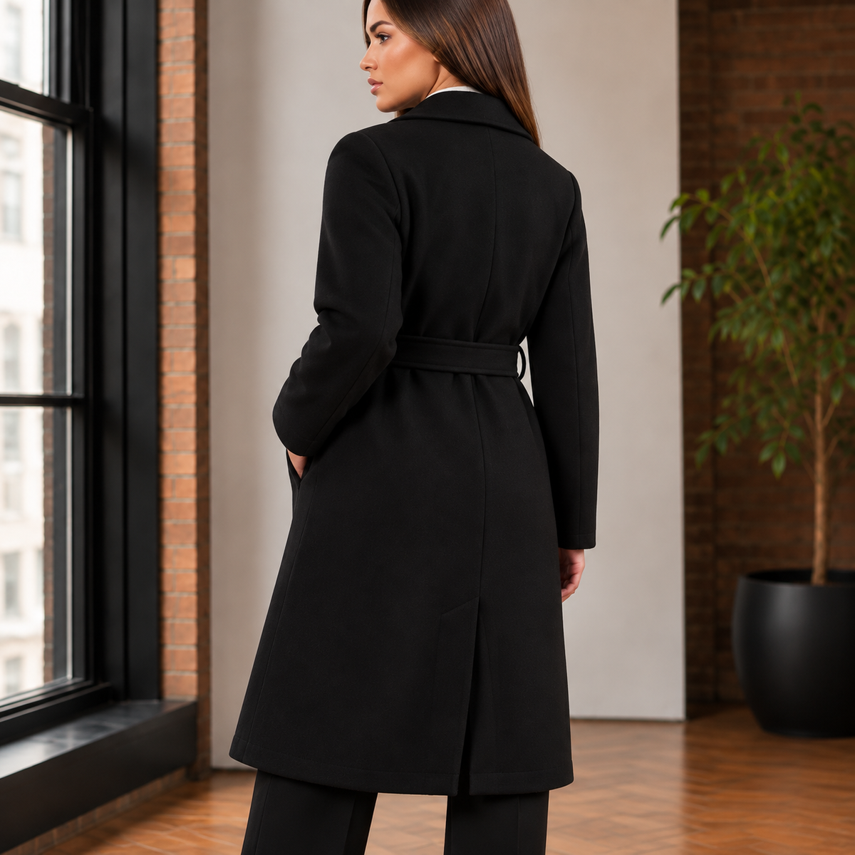 Overcoat Polyester Double-Breasted Midi with Self-Tie Waist Belt