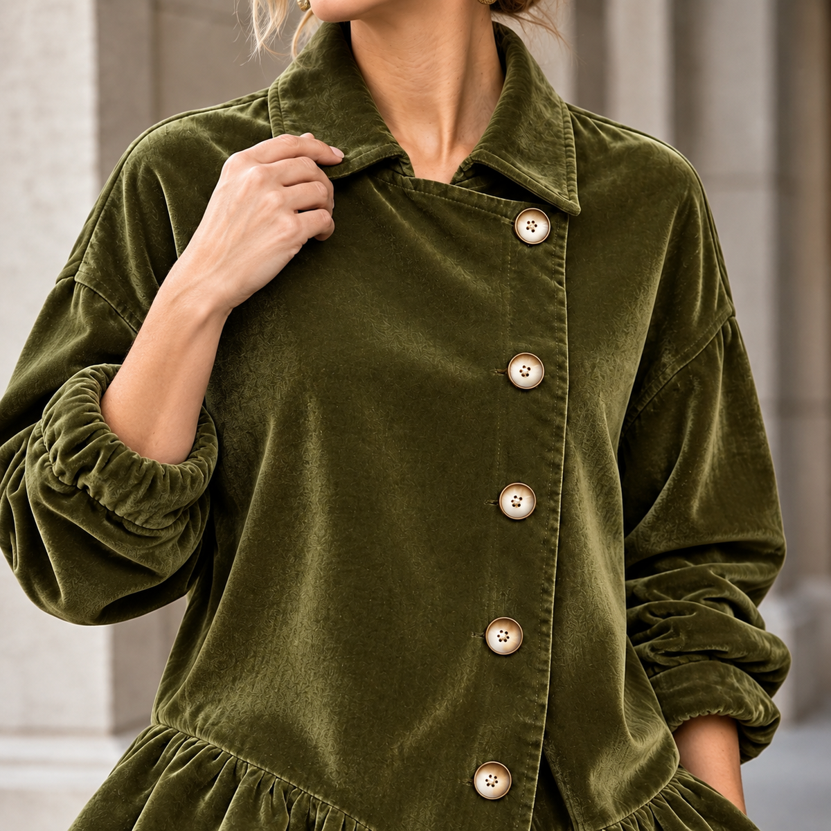 Jacket Polyester with Asymmetric Ruffle Hem and Button Front