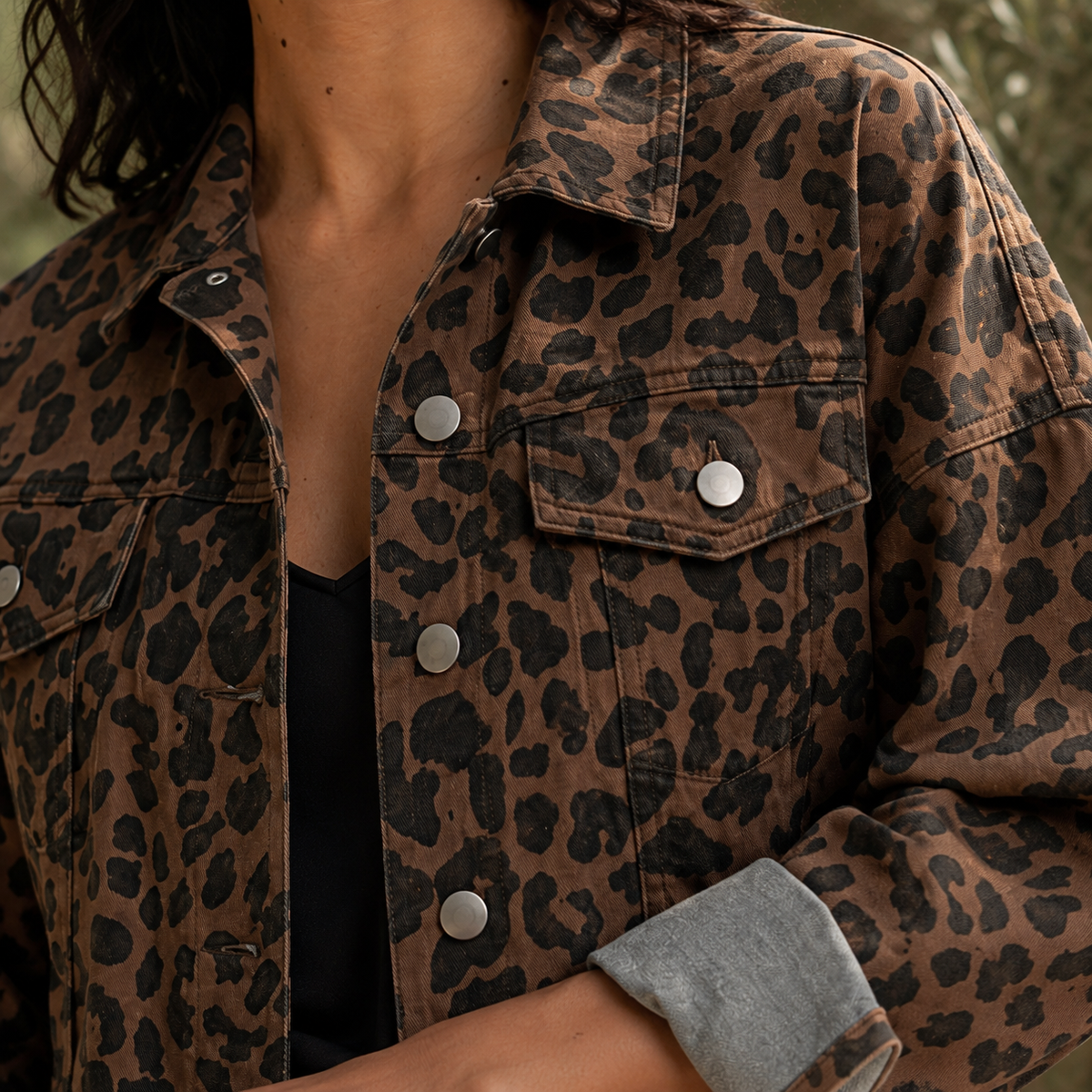 Denim Jacket Leopard-Print Boxy Cropped with Chest Flap Pockets
