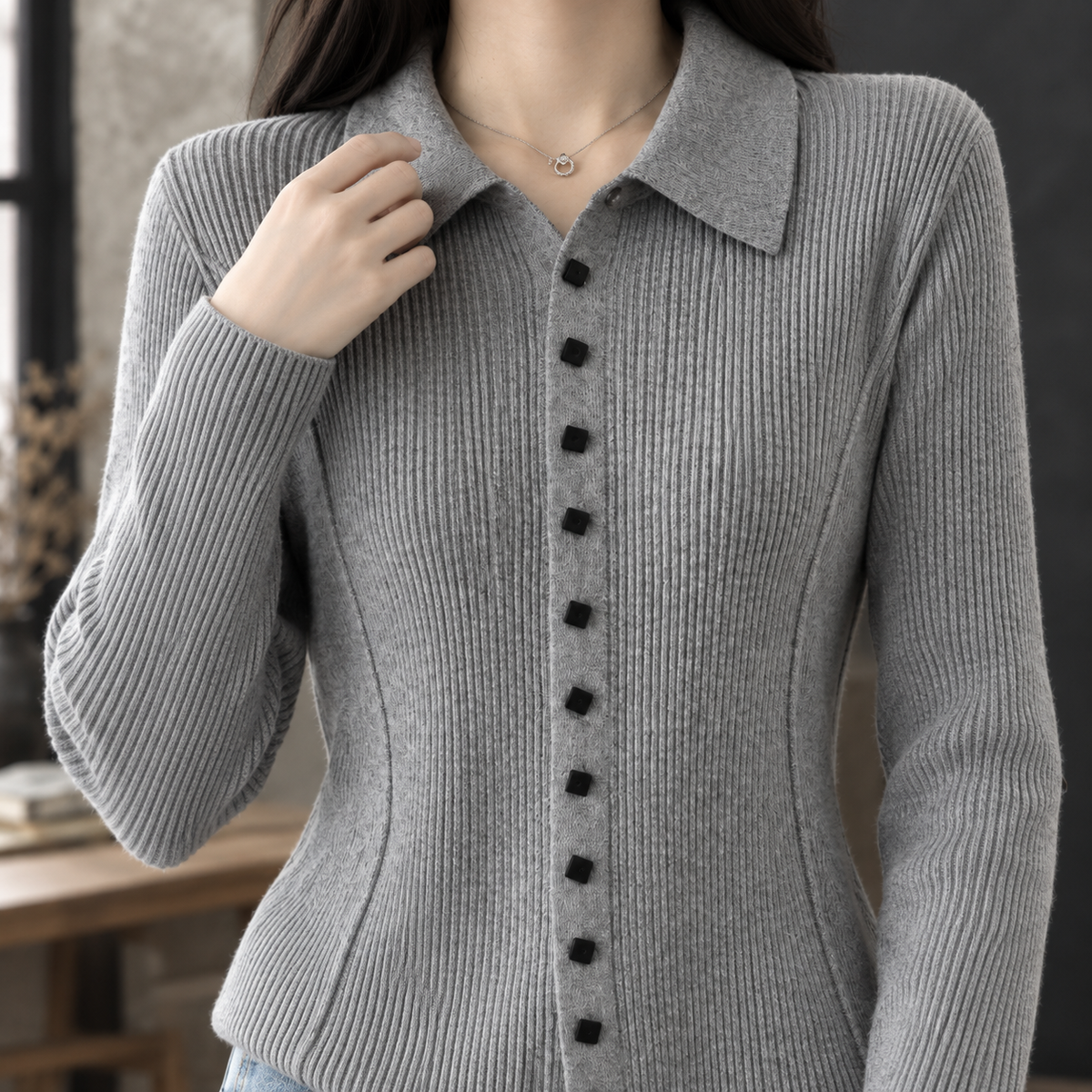 Ribbed Knit-Blend Fitted Cardigan