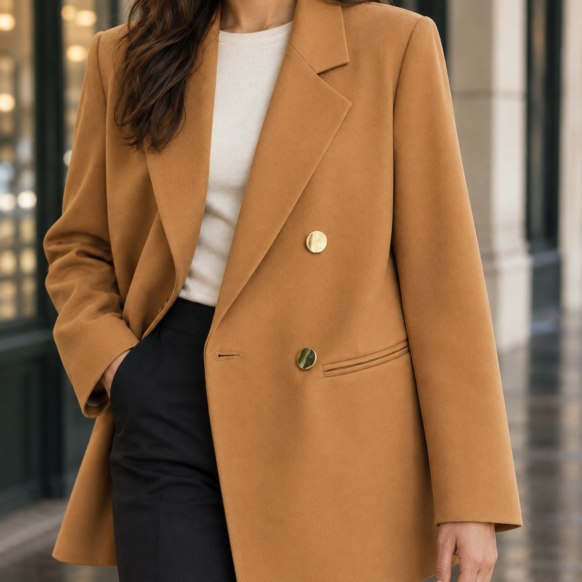 Blazer Polyester Longline with Wide Lapels and Metallic Buttons